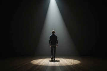 businessman walking into single spotlight on stage