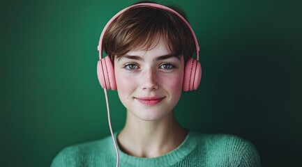 Canvas Print - a girl wearing pink headphones, the background is green