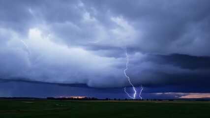 Aufkleber - Powerful lightning bolt strikes a green field under stormy clouds at sunset, showcasing the raw energy and danger of a thunderstorm in nature