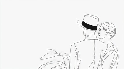   A black & white line drawing of two people facing each other with hats