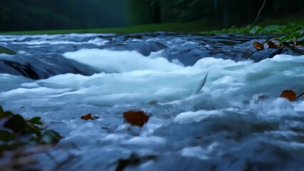 Poster - River water is rushing over rocks creating rapids, during blue hour. The water is blue and there are some green leaves in the foreground