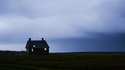 Aufkleber - Alone in a vast field, a house with glowing windows stands out against the stormy sky, creating a dramatic and spooky atmosphere