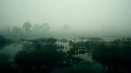 Poster - Dense fog bank is covering a swamp at dawn, giving it a greenish tone, with the silhouettes of trees in the background