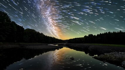 Aufkleber - Stunning night sky reflection on river with star trails, using long exposure for capturing stars in motion