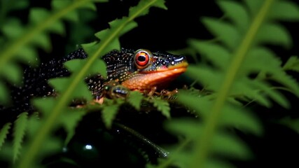 Poster - Black frog with red eyes hides among lush ferns in a rainforest, showcasing its camouflage skills. The close up reveals intricate details of this wild creature in its natural habitat