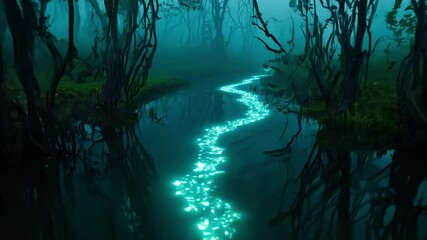 Aufkleber - Trail of bioluminescent algae is glowing in a dark mysterious swamp forest at night. The water reflects the trees and the mysterious blue glow