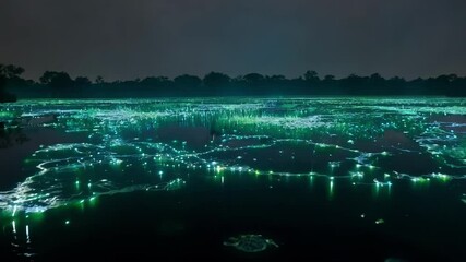 Aufkleber - Bioluminescent algae is lighting up the water at night with an electric blue glow, creating a magical and surreal scene