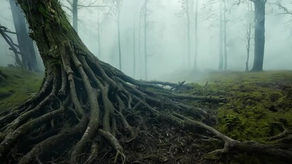 Aufkleber - Fog rolling through a forest with gnarled roots and moss covering the forest floor, creating an eerie and mysterious mood