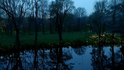 Aufkleber - Fireflies light up the forest by the lake at sunset, creating a magical glow over the tranquil waters