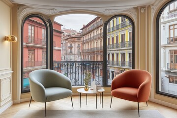 Interior de un edificio corporativo con diseño minimalista y techos altos. El salón amplio presenta paredes de vidrio, muebles modernos y plantas decorativas, ideal para representar diseño interior co