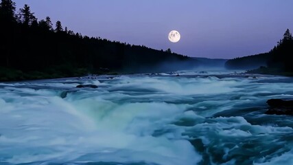 Aufkleber - The full moon is rising over a powerful river flowing through a boreal forest at twilight, creating a mystical atmosphere