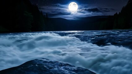 Poster - The full moon shines over a river at night, illuminating rapids and creating a stunning scene. The water flows peacefully under moonlight, with starry clouds adding to the celestial atmosphere