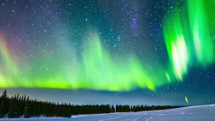Poster - The milky way is shining brightly in the sky as the aurora borealis is painting the sky green and purple over a snowy forest