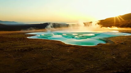 Poster - The sun rises over a volcanic landscape, steam rises from a turquoise geothermal pool, contrasting with barren mountains