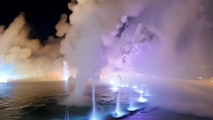 Poster - Beautifully illuminated blue water fountains shoot up at night, creating a magical mist in the city, perfect for urban travel and tourism