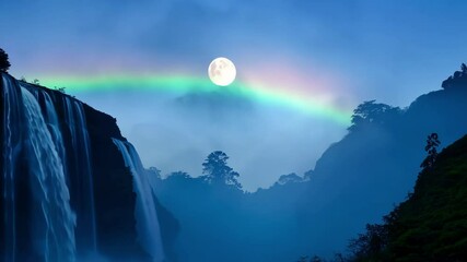Aufkleber - Mesmerizing landscape showcasing the power and beauty of nature with a waterfall cascading down a mountainside under the ethereal glow of a full moon