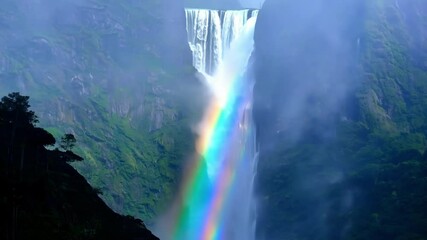 Poster - Stunning waterfall cascades down a moss covered cliff, creating a mesmerizing rainbow in the mist, perfect for adventure seekers in untouched nature