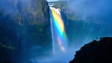 Aufkleber - Water cascades down mossy cliff, creating powerful, beautiful display of nature. Mesmerizing waterfall flows gracefully, enhancing serene landscape with misty spray