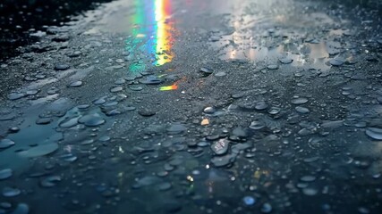 Aufkleber - Glistening water droplets reflect city lights after rain, blending shades in an abstract background. Close up reveals intricate patterns, adding magic to a rainy evening in the urban setting