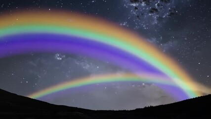 Poster - Breathtaking double rainbow is arching over a mountainous landscape, set against a backdrop of a starry night sky and wispy clouds. This captivating scene evokes a sense of wonder and tranquility