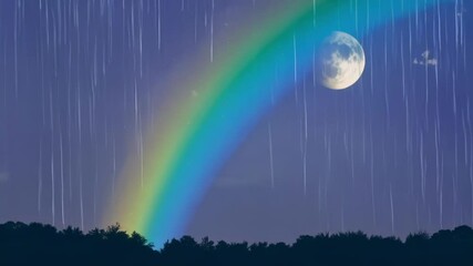Poster - Vibrant rainbow lights up a dark, rainy night with a bright full moon above, creating a magical, hopeful atmosphere