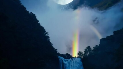 Aufkleber - Powerful waterfall cascades into a river at night, with a stunning rainbow shining through the dark sky and clouds, creating a beautiful and scenic landscape perfect for nature lovers