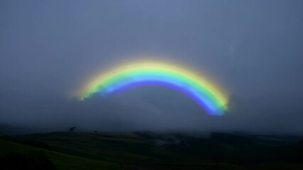 Poster - Vibrant rainbow arches over lush green hills in thick fog, creating a breathtaking scene with colorful sky and clouds. Perfect for backgrounds with serene beauty