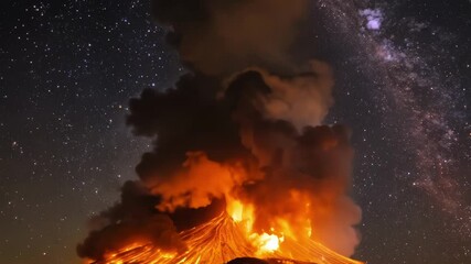 Poster - Glowing hot lava is erupting from the cone of a volcano, creating a massive cloud of ash and smoke rising into the night sky filled with stars