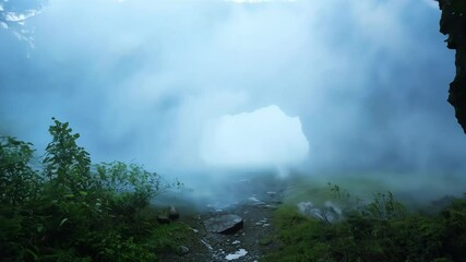 Aufkleber - Dirt path is leading to the entrance of a mysterious cave surrounded by fog, giving a mysterious atmosphere to the landscape