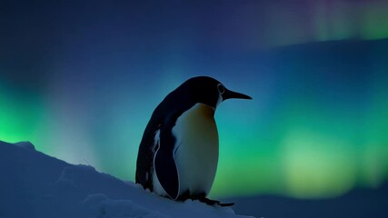 Poster - King penguin is standing on a snowdrift, enjoying the magical spectacle of the aurora borealis illuminating the night sky