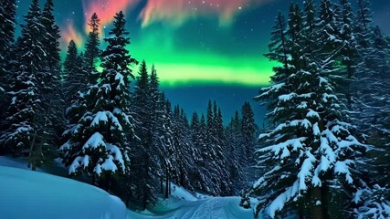 Aufkleber - Snowy path winds through a forest at night under the vibrant colors of the aurora borealis, creating a magical winter scene perfect for a holiday getaway in 