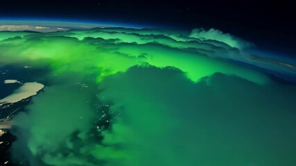 Poster - Green aurora borealis illuminating clouds over a city and coastline at night. The green lights of the aurora borealis are reflected on the clouds