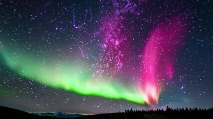 Aufkleber - The milky way is shining brightly over a green aurora borealis illuminating the night sky above a forest and snow capped mountains