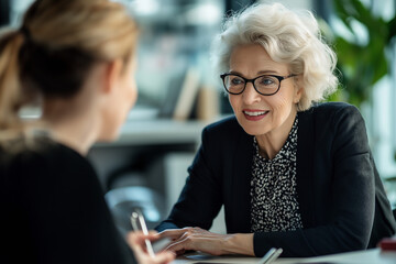 Elderly businesswoman with glasses having a conversation with a younger colleague in a modern office setting, smiling and engaged in discussion