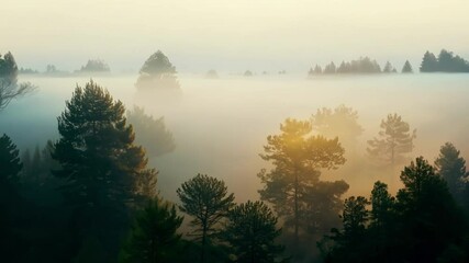 Aufkleber - Foggy forest with sunlight peeking through, creating a tranquil and serene atmosphere in the early morning light, bathed in shades of green, yellow, orange, and gold