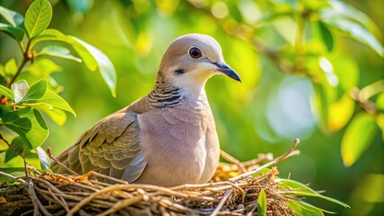 Wall Mural - Turtledove in nest on almond tree