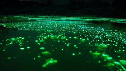 Aufkleber - Bioluminescent algae is creating a magical atmosphere with its glowing particles illuminating the water surface at night. The glowing effect is creating a surreal and captivating scene