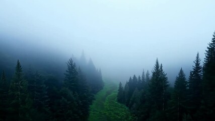 Aufkleber - Dense fog is covering a hiking trail in the middle of a forest full of evergreen trees, creating a mysterious and evocative atmosphere