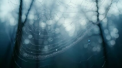Poster - Sparkling spiderweb covered in dew drops glows in the morning light, showcasing nature's delicate beauty