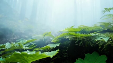 Aufkleber - Vibrant green leaves covered in sparkling dewdrops thrive on a mossy rock, capturing the essence of a tranquil and misty forest scene