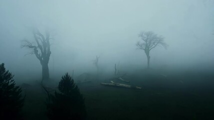 Aufkleber - Dense fog is hanging over a field, obscuring the trees and creating an eerie, mysterious atmosphere. The silhouettes of the trees are barely visible through the thick fog