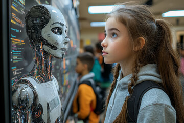 Poster - A classroom with adaptive AI technologies that evolve based on student needs, illustrating personalized learning experiences. Concept of AI in adaptive learning.