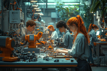 Poster - A classroom of students working with AI to build robots, symbolizing the merging of AI education with practical skills. Concept of AI in STEM education.
