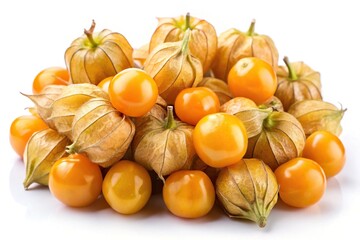 Wall Mural - Reflected goldenberries isolated on white background