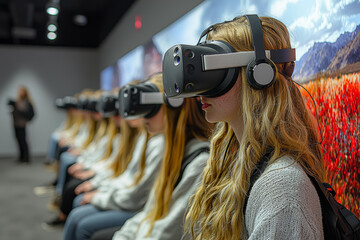Poster - A class where AI-powered virtual reality takes students on field trips, symbolizing the use of immersive technology in education. Concept of AI in immersive learning.