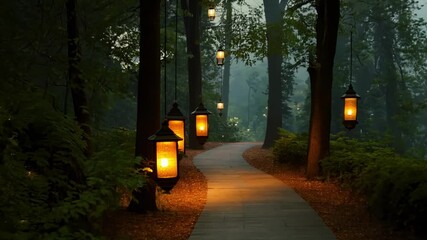 Aufkleber - Serene pathway is illuminated by lanterns hanging from trees, creating a magical ambiance as fog rolls in at twilight
