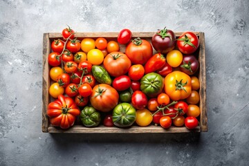 Varieties of colorful tomatoes in box on light background