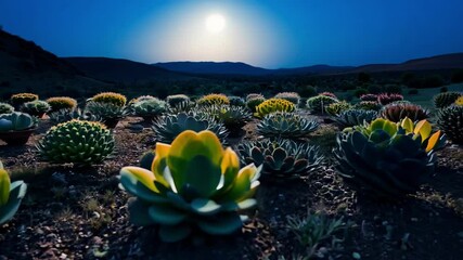Poster - The warm sunset light bathes a desert garden with vibrant cacti and succulents, creating a stunning scene perfect for enjoying the evening twilight