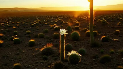 Aufkleber - Single white cactus flower is blooming on a tall cactus in the  desert, illuminated by the warm glow of the setting sun
