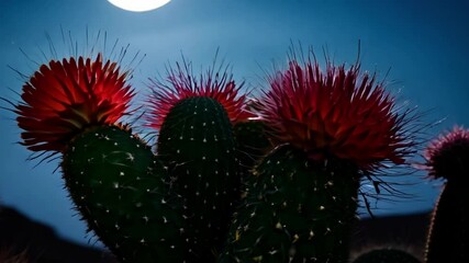 Aufkleber - Red cactus flowers are blooming under a twilight sky, showcasing the beauty and resilience of nature in arid environments